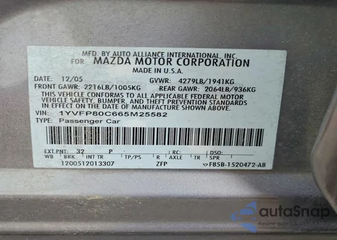 2006 Mazda 6 I z USA, uszkodzony, nr VIN 1YVFP80C665M25582